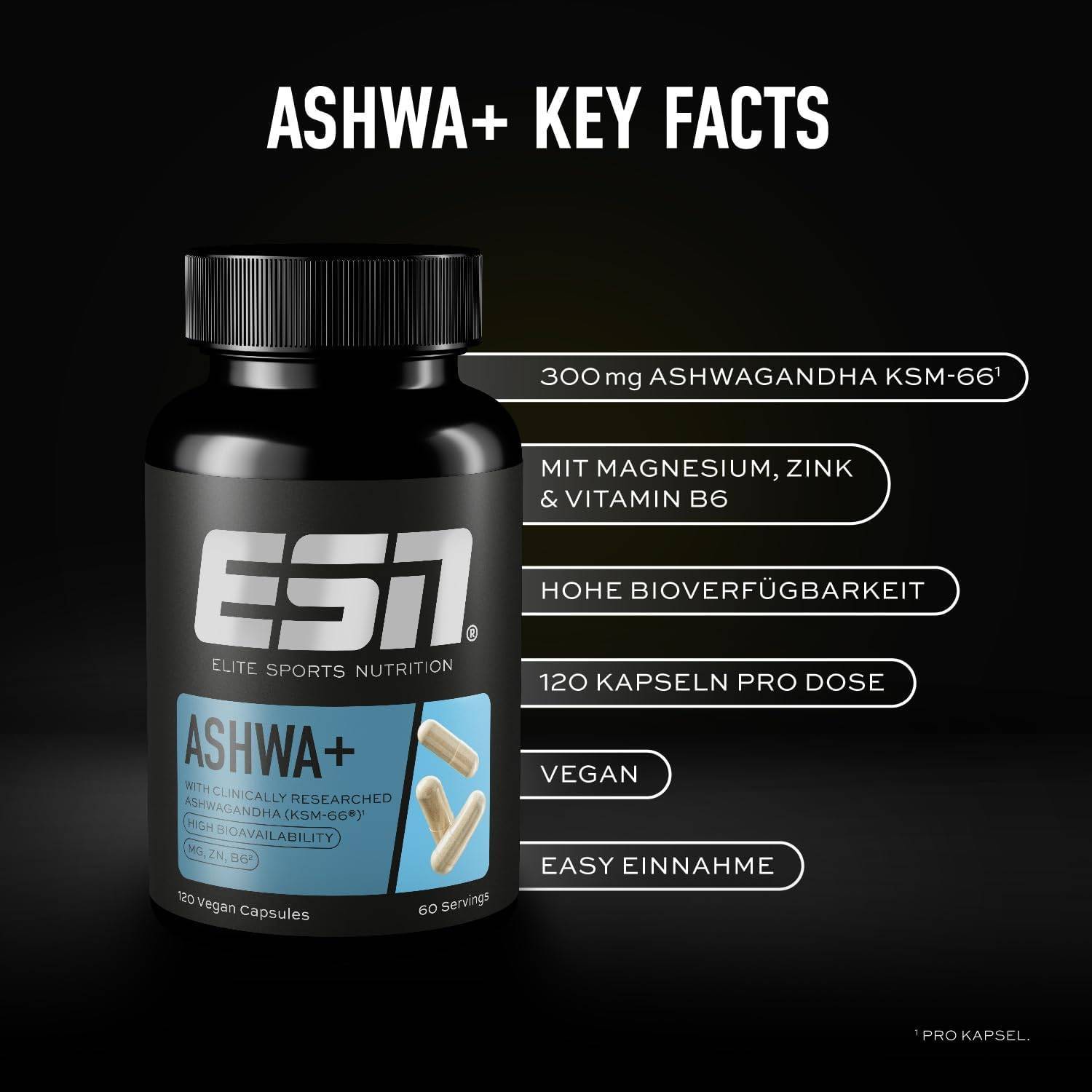 ESN Ashwa +, Ashwagandha hochdosiert, patentiertes KSM 66®, 120 Kapseln, mit Magnesium, Vitamin B6 & Zink - made in Germany – Bild 3