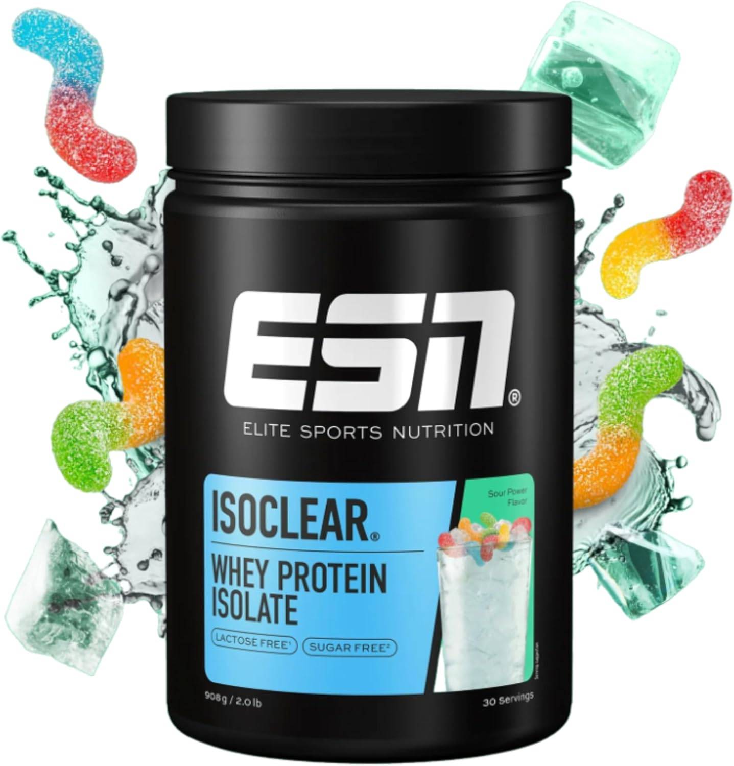 ESN ISOCLEAR Whey Isolate Protein Pulver, Sour Power, 908 g, Proteinlimo mit fruchtig leckerem Geschmack, clear Whey - made in Germany