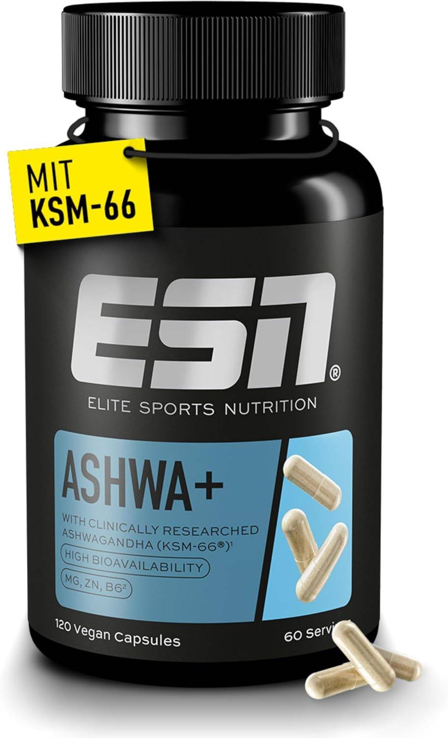 ESN Ashwa +, Ashwagandha hochdosiert, patentiertes KSM 66®, 120 Kapseln, mit Magnesium, Vitamin B6 & Zink - made in Germany