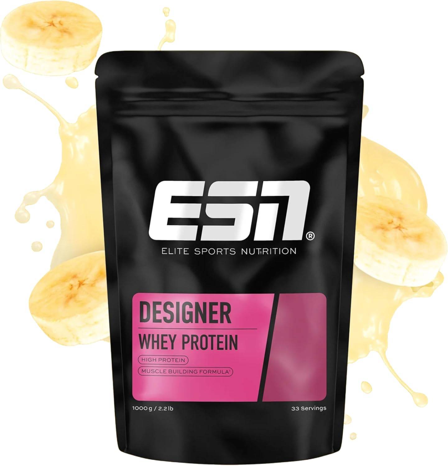 ESN Designer Whey Protein Pulver, Banana, 1 kg, bis zu 23 g Protein pro Portion, ideal zum Muskelaufbau und -erhalt - made in Germany