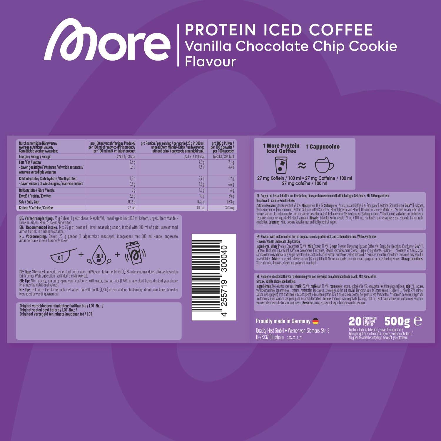 MORE Proteinbundle aus More Protein Sahne, 600g und Protein Iced Coffee, 500g, Vanilla Chocolate Chip Cookie, Whey Konzentrat Casein Mix und Eiskaffee mit wertvollen Proteinen - made in Germany – Bild 4