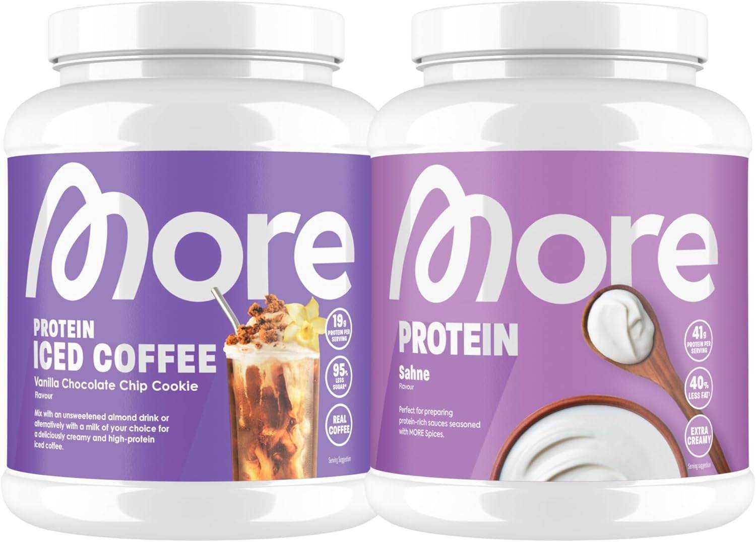 MORE Proteinbundle aus More Protein Sahne, 600g und Protein Iced Coffee, 500g, Vanilla Chocolate Chip Cookie, Whey Konzentrat Casein Mix und Eiskaffee mit wertvollen Proteinen - made in Germany