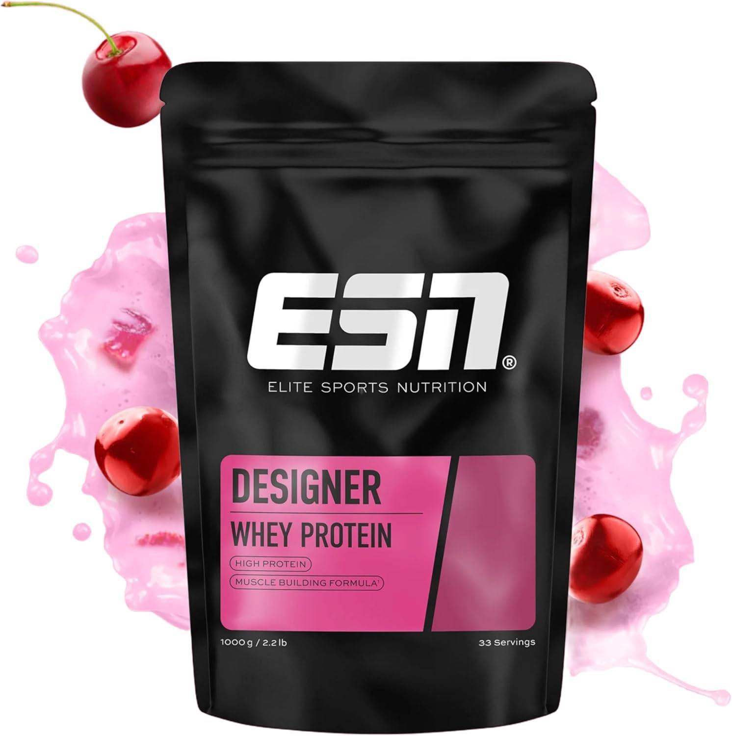 ESN Premium Designer Whey Protein Pulver, Cherry Yogurt, 1 kg, bis zu 23 g Protein pro Portion, ideal zum Muskelaufbau und -erhalt - made in Germany