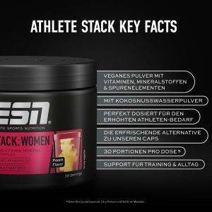 ESN Athlete Stack Women Powder, 390 g Pulver, Peach, mit Vitaminen und Mineralstoffen, Vegan - Made in Germany