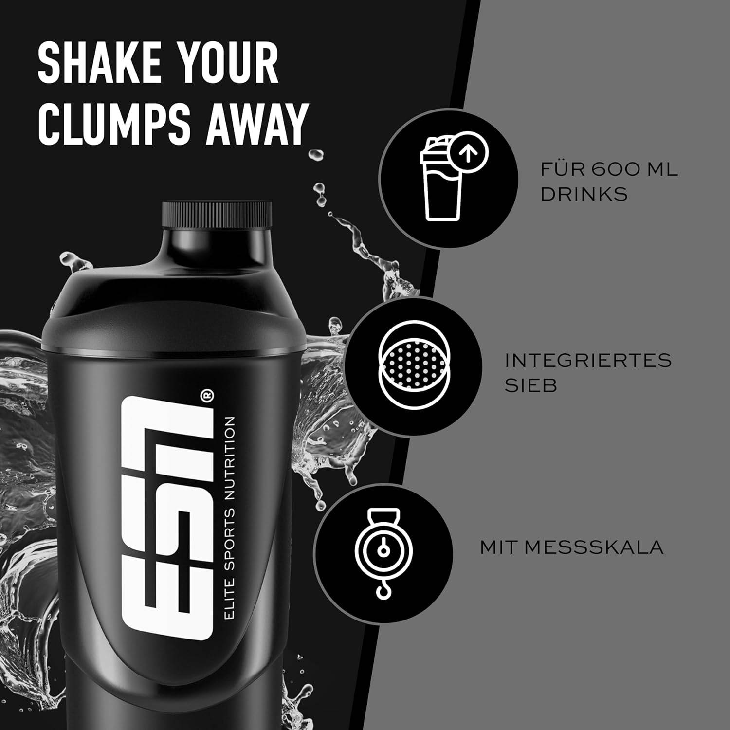 ESN Shaker, Black, 600 ml, auslaufsicher, Shaker mit Messskala zum einfachen Dosieren, frei von BPA & DEHP – Bild 2
