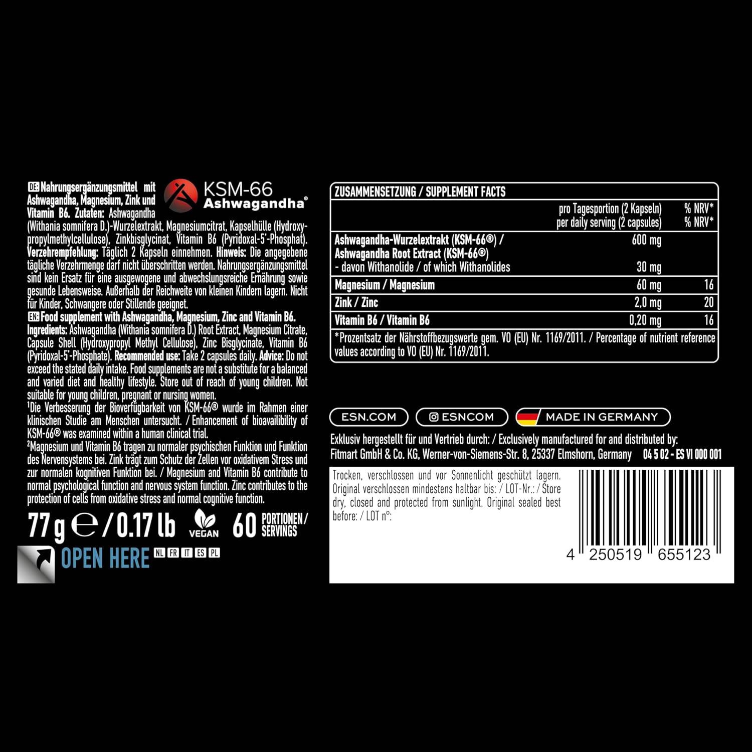 ESN Ashwa +, Ashwagandha hochdosiert, patentiertes KSM 66®, 120 Kapseln, mit Magnesium, Vitamin B6 & Zink - made in Germany – Bild 4