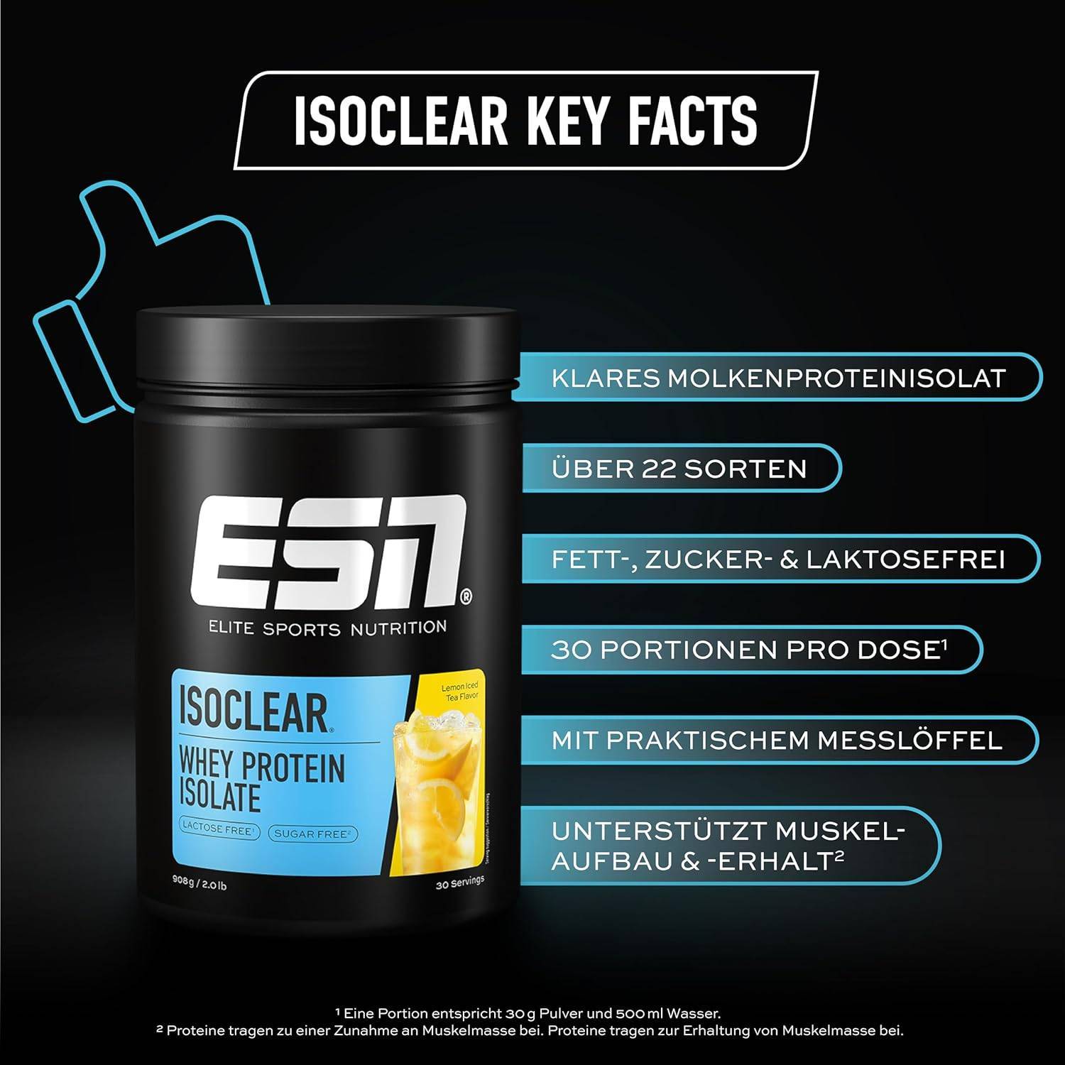 ESN ISOCLEAR Whey Isolate Protein Pulver, Lemon Iced Tea, 908 g, Proteinlimo mit fruchtig leckerem Geschmack, clear Whey - made in Germany – Bild 3