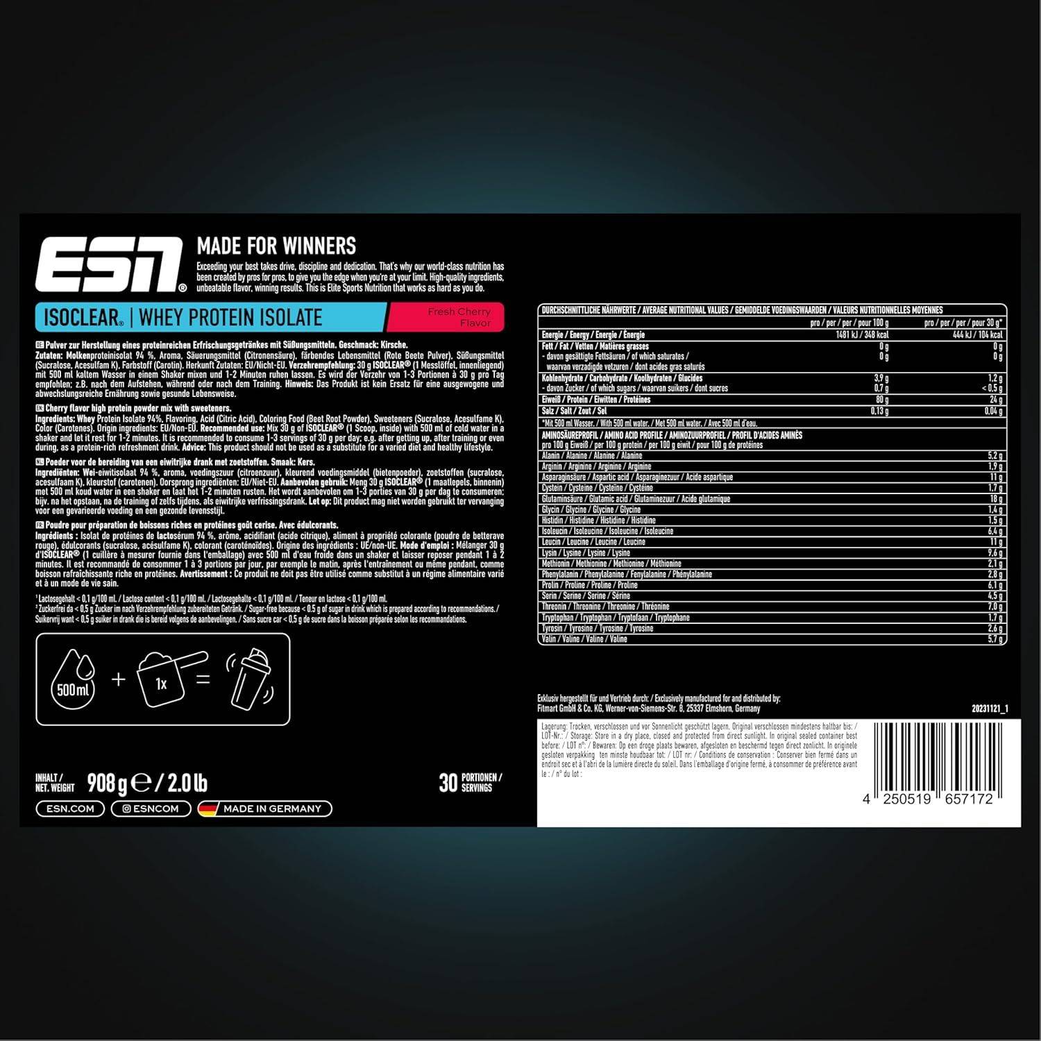ESN ISOCLEAR Whey Isolate Protein Pulver, Fresh Cherry, 908 g, Proteinlimo mit fruchtig leckerem Geschmack, clear Whey - made in Germany – Bild 4
