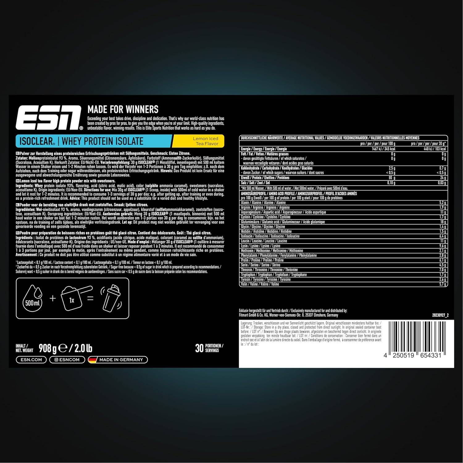ESN ISOCLEAR Whey Isolate Protein Pulver, Lemon Iced Tea, 908 g, Proteinlimo mit fruchtig leckerem Geschmack, clear Whey - made in Germany – Bild 4