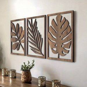 WANDStyle Wanddeko aus Holz Farn 3-teilig 30 x 22 cm in der Farbe Pappel