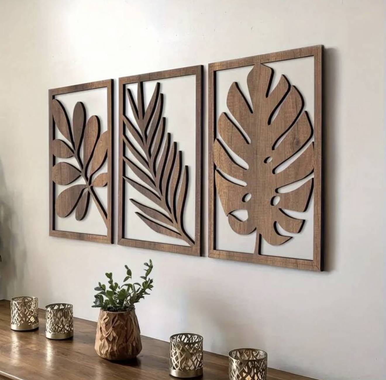WANDStyle Wanddeko aus Holz Farn 3-teilig 30 x 22 cm in der Farbe Pappel