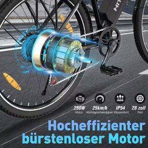 HITWAY E-Bike Pedelec 28 Zoll Elektrofahrrad für Damen Herren bis 35-100km 12Ah/13Ah Akku 7 Gang shimano SHIMANO Schaltwerk, Kettenschaltung, 250W Heckmotor, 432 Wh, Pedelec E-Citybike für Erwachsener 170-190cm, mit Schloss, Pumpe