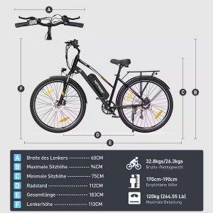 HITWAY E-Bike Pedelec 28 Zoll Elektrofahrrad für Damen Herren bis 35-100km 12Ah/13Ah Akku 7 Gang shimano SHIMANO Schaltwerk, Kettenschaltung, 250W Heckmotor, 432 Wh, Pedelec E-Citybike für Erwachsener 170-190cm, mit Schloss, Pumpe
