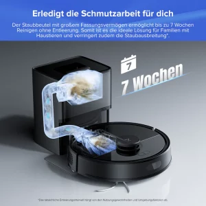 roborock Q7 L5+ Saugroboter mit Wischfunktion, Automatischer Staubentleerung, Dual Anti-Tangle System, 8.000 Pa Saugkraft, LiDAR-Navigation,Wischroboter für Teppich, Tierhaare, APP Steuerung(Schwarz)