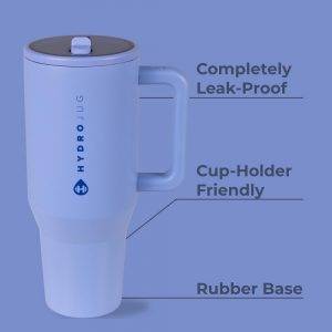 HydroJug Traveler – Wasserflasche mit Griff und Klapp-Trinkhalm, passt in Becherhalter, auslaufsicherer Becher, wiederverwendbar, isolierter Edelstahl und Gummiboden, Geschenke für Damen und Herren