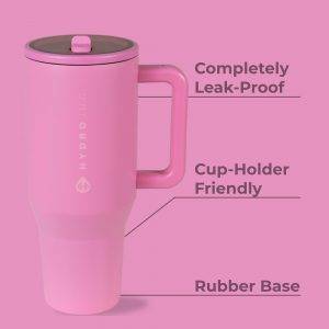 HydroJug Traveler – Wasserflasche mit Griff und Klapp-Trinkhalm, passt in Becherhalter, auslaufsicherer Becher, wiederverwendbar, isolierter Edelstahl und Gummiboden, Geschenke für Damen und Herren