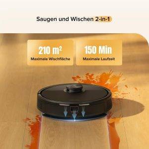 roborock Q7 M5-Set Saugroboter mit Wischfunktion, 10.000Pa Saugkraft, Dual Anti-Tangle-System, 150Min Laufzeit, LiDAR Navigation, Staubsauger Roboter für Teppich, Tierhaare, APP Steuerung (Schwarz)