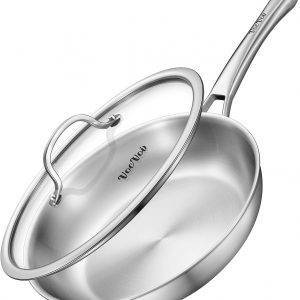 30,5 cm dreilagige Edelstahl-Bratpfanne mit Deckel, PFOA- und PTFE-freie Bratpfannen, Kochpfannen, spülmaschinen- und ofenfestes Kochgeschirr, funktioniert auf Induktions-, Keramik-