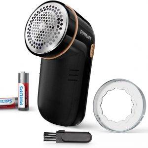 Philips Fusselentferner für alle Kleidungsstücke, entfernt kleine Knötchen, 2 Höheneinstellungen, batteriebetrieben (2 Philips AA-Batterien inkl.), 8 x 12.3 x 5.8 cm, schwarz-Gold (GC026/80)