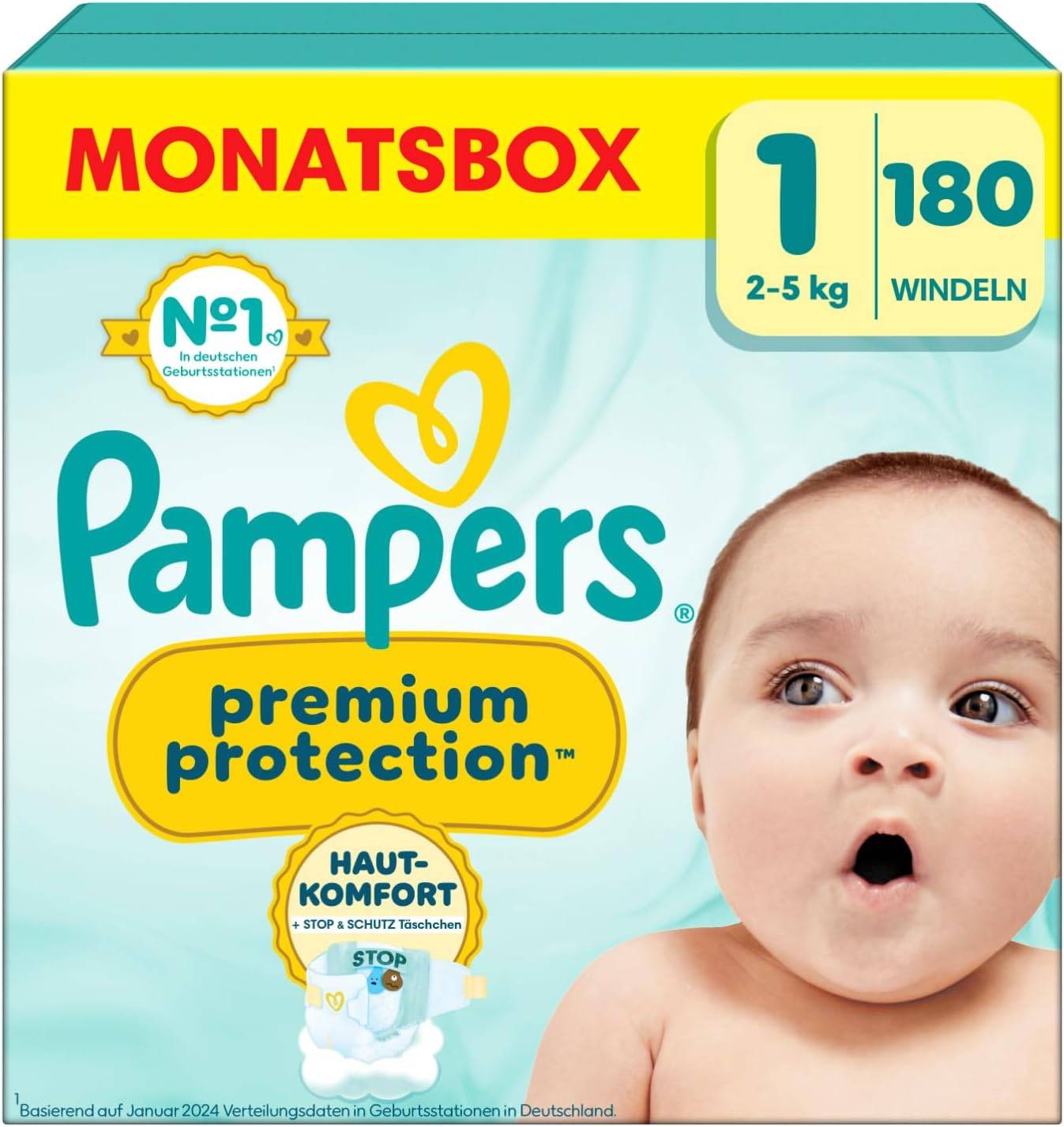 Pampers Premium Protection Größe 1, 180 Windeln, 2kg-5kg, Doppelter Schutz für die Haut und vor Auslaufen