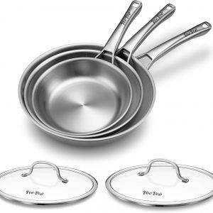 Dreilagiges Edelstahl-Bratpfannen-Set mit Deckel, PFOA- und PTFE-freie Bratpfannen, Kochpfannen-Set (20,3 cm + 25,4 cm + 30,5 cm), Bratpfannen zum Kochen, Induktionskochgeschirr-Sets, spülmaschinen