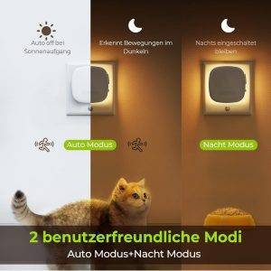 AUVON Nachtlicht Steckdose mit Bewegungssensor und Dämmerungssensor, 2 Stück Warmweißes LED hinterleuchtete Nachtlicht mit 1-50 lm, Helligkeit Einstellbar für Flur, Treppe, Schlafzimmer
