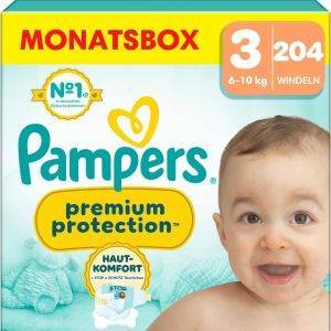 Pampers Premium Protection Größe 3, 204 Windeln, 6kg-10kg, Doppelter Schutz für die Haut und vor Auslaufen