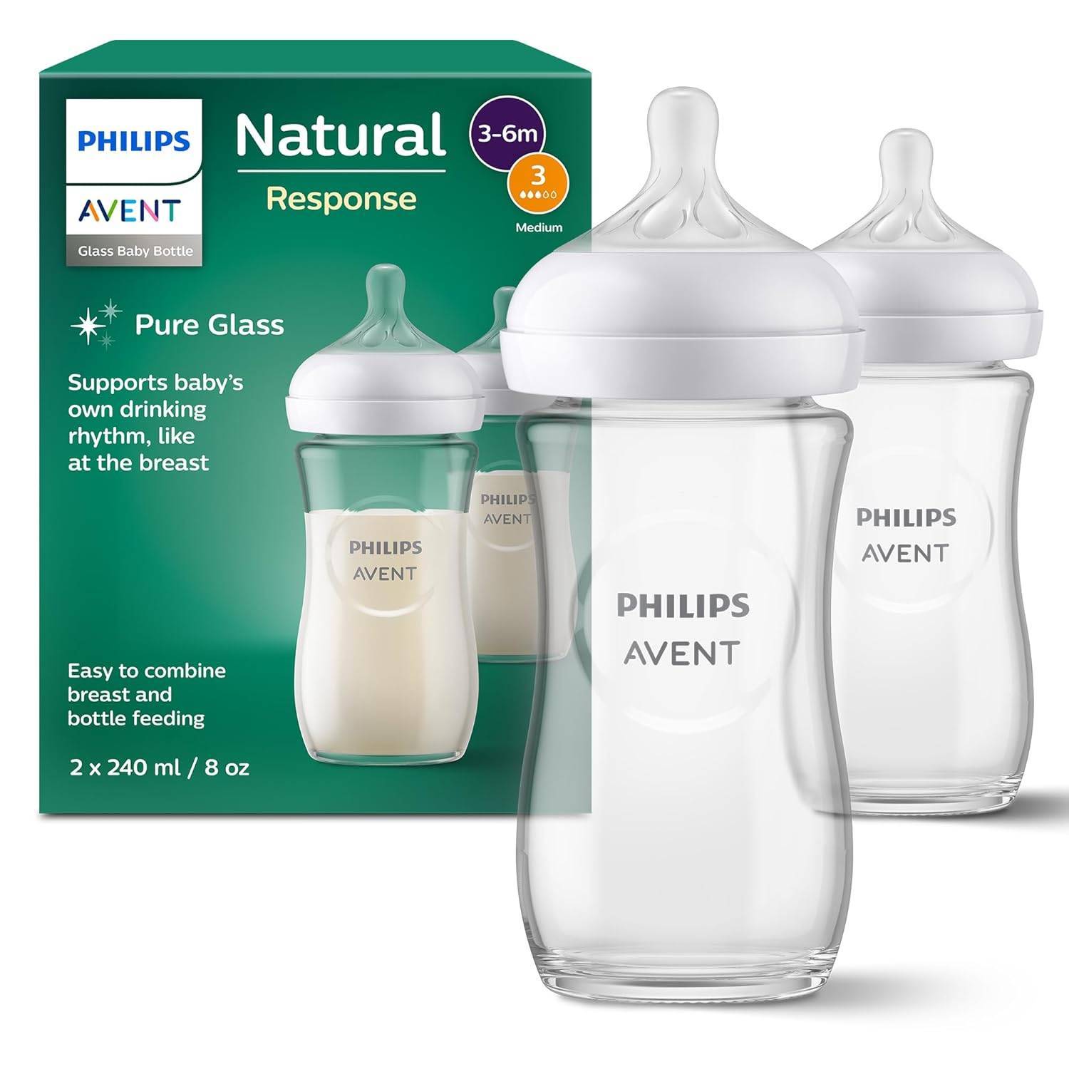 Philips AVENT Natural Response Glas-Babyflasche: 2 x 240 ml BPA-freie Flaschen für Neugeborene von 3–6 Monaten (Modell SCY933/02)