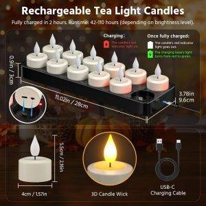 Aufladbare Teelichter mit Timerfunktion und Ladestation, 12er LED Teelichter Wiederaufladbar Kerzen Flackernd mit Fernbedienung Timer für Zimmer Wohnzimmer Halloween Weihnachten Tisch Party Deko