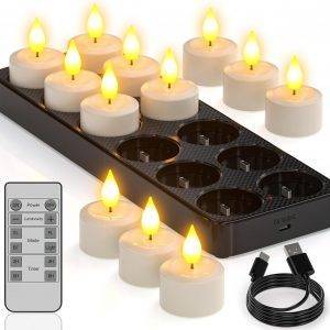 Aufladbare Teelichter mit Timerfunktion und Ladestation, 12er LED Teelichter Wiederaufladbar Kerzen Flackernd mit Fernbedienung Timer für Zimmer Wohnzimmer Halloween Weihnachten Tisch Party Deko