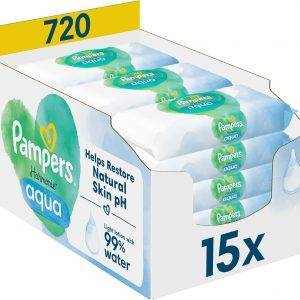Pampers Harmonie Aqua Feuchttücher 15 Packungen mit jeweils 48 Feuchttüchern - 720 Feuchttücher, die helfen, den natürlichen pH-Wert der Haut wiederherzustellen, leichte Lotion mit 99% Wasser