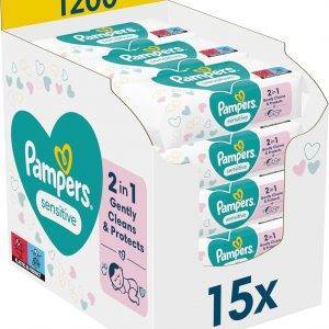 Pampers Sensitive Feuchttücher 15 Packungen mit 80 Stück, 1200 Feuchttücher, ohne Duft, für eine sanfte und weiche Reinigung