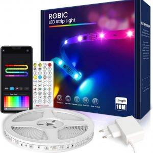 LED Strip 10m, RGB-IC LED Streifen mit App, Segmentcontrol, Farbwechsel, Musik Sync, LED Lichterkette für Party, Zuhause, Schlafzimmer, Gaming, Küche Deko [Energieklasse A]