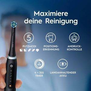 Oral-B iO Series 5 Elektrische Zahnbürste Doppelpack — Electric Toothbrush, Inkl. 2 Aufsteckbürsten und Reise-Etui — 5 Putzmodi für Zahnpflege, Zahnbürste Elektrisch, Designed by Braun, Schwarz/Weiß