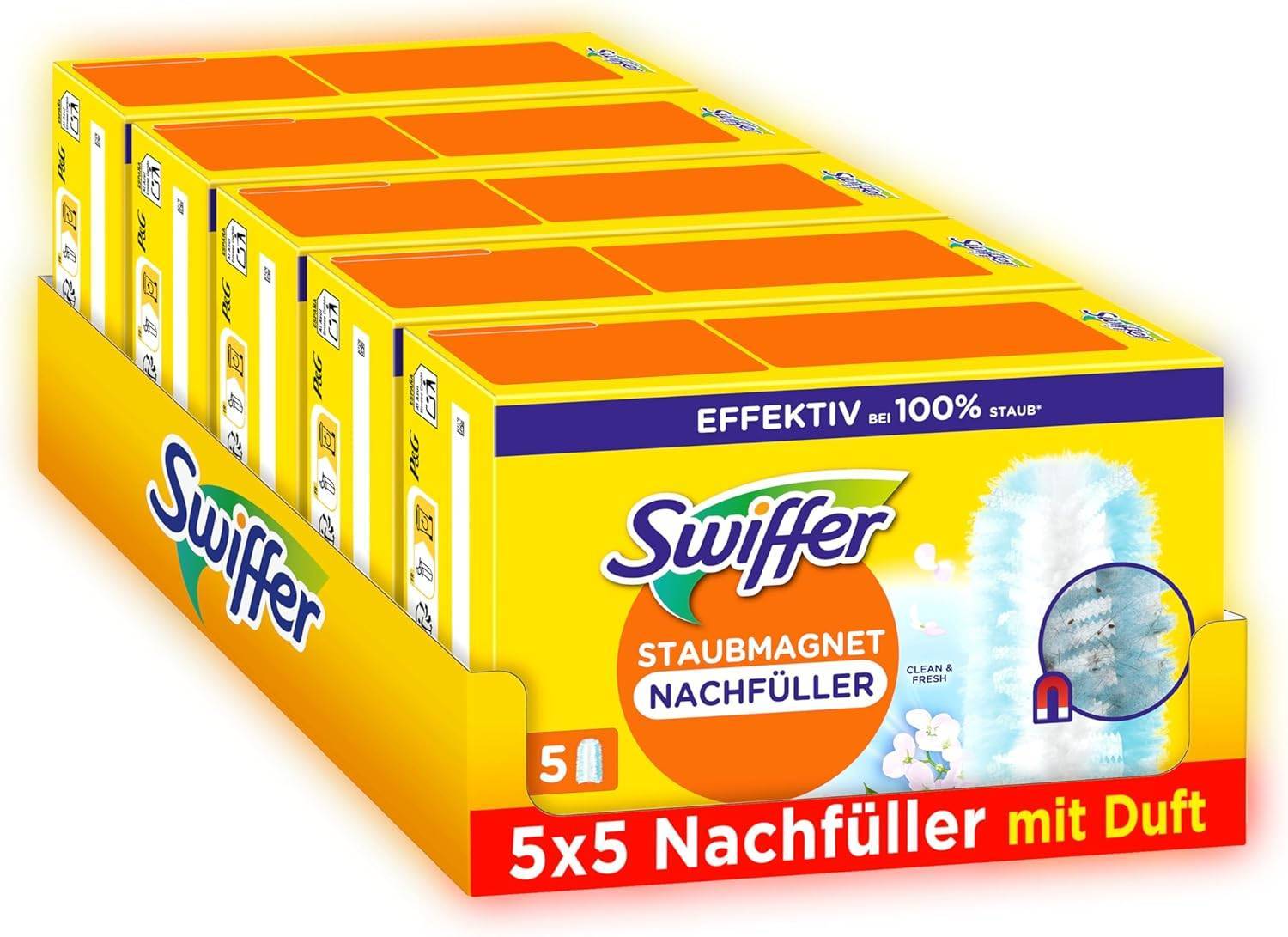 Swiffer Staubmagnet Nachfüllpackung, 25 Tücher (5×5) mit Febreze-Duft, Fängt Und Schließt 3-mal Mehr Staub Und Haare Ein Als Herkömmliche Staubwedel