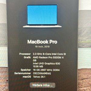 MacBook Pro 16-inch, Intel Core i9, 16 GB, 1 TB, 2019 - sehr gut