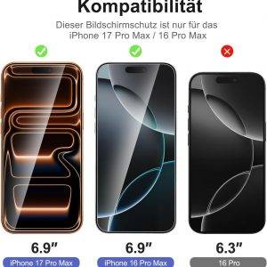 NEW'C 3 Stück für iPhone 17 Pro Max, iPhone 16 Pro Max für Panzerglas (6,9″), Frei von Kratzern, 9H Härte, HD Displayschutzfolie, Ultra-klar, Ultrabeständig -Einfaches Installationswerkzeug enthalten