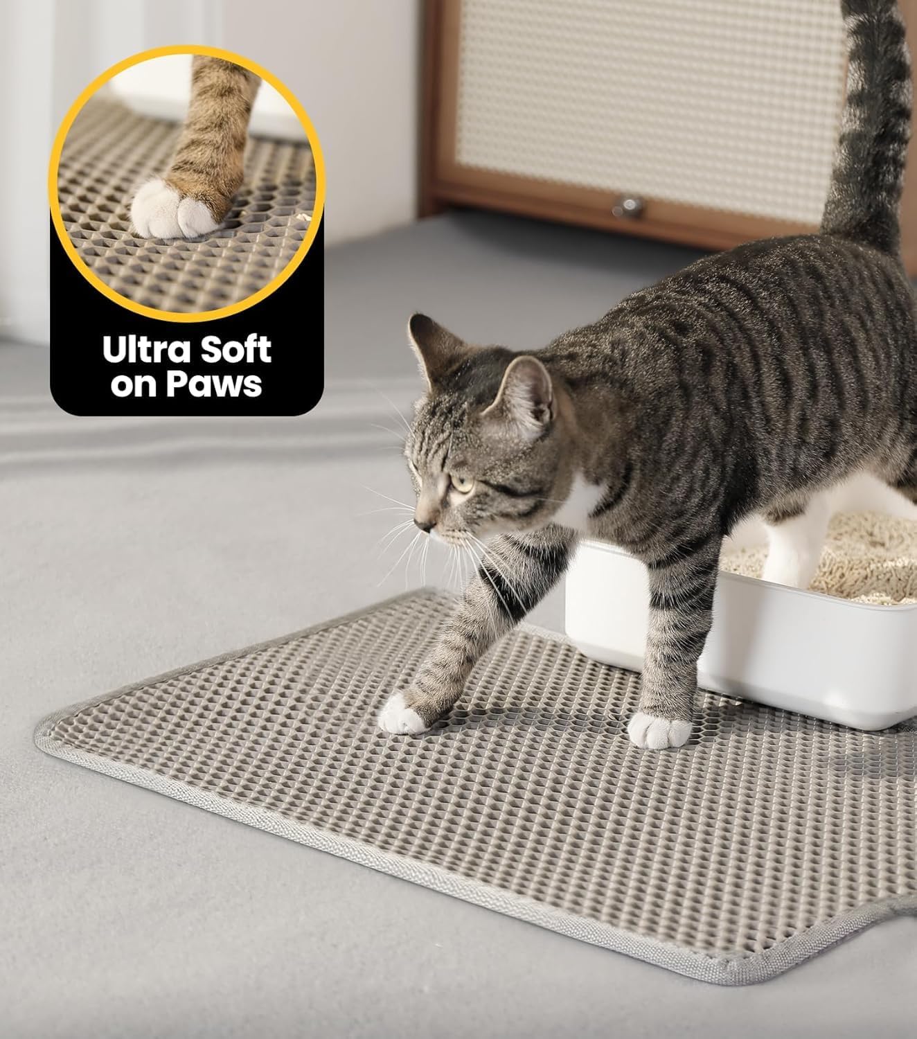 Katzenklo Matte, 58x42cm Waben Doppelschicht Katzenstreu Matte, Urin- & Wasserdichte Katzenmatte Katzenklo, Leicht zu reinigen, Rutschfeste Katzenmatte für den Boden, Grau – Bild 3