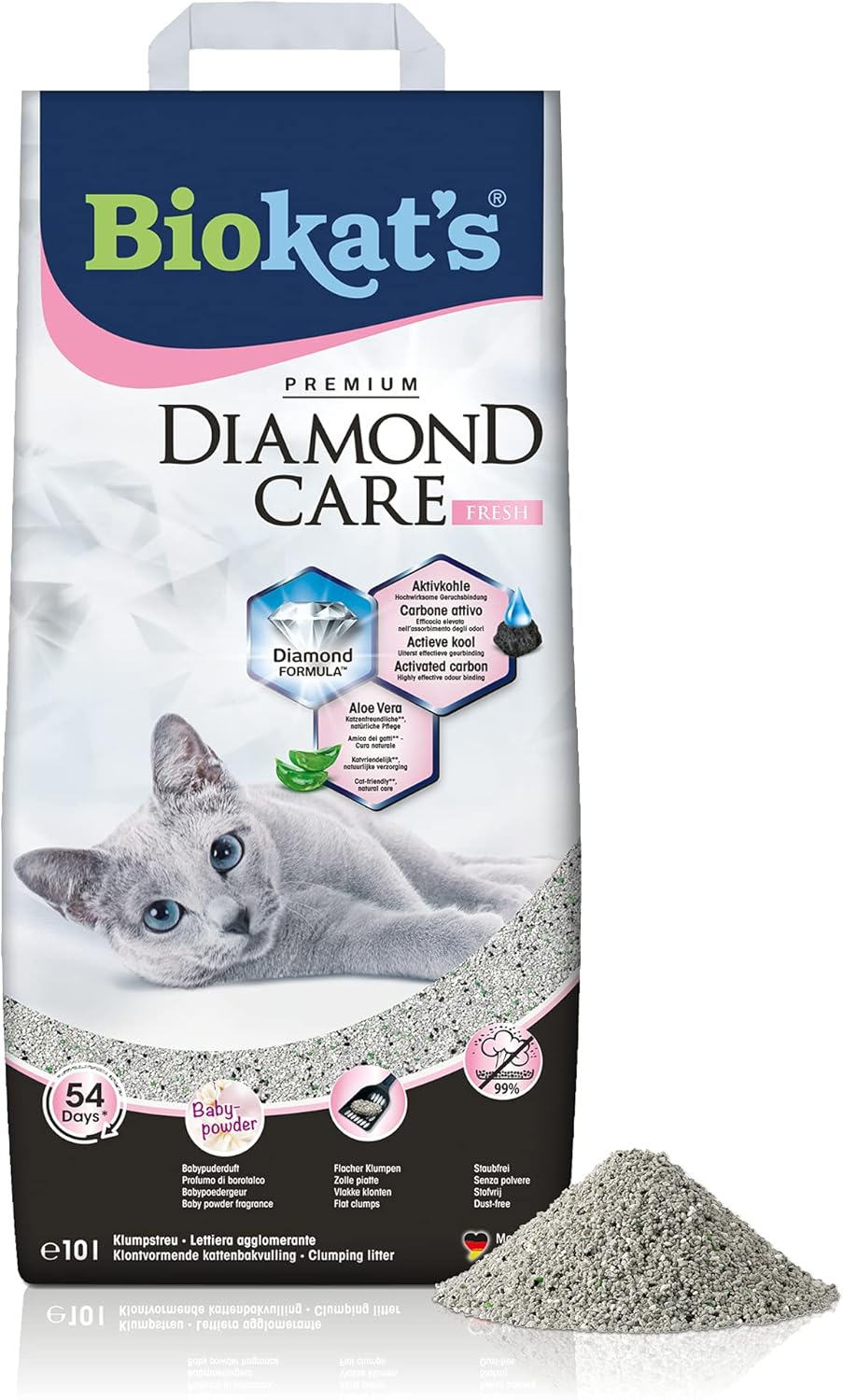 Biokat's Diamond Care Fresh Katzenstreu mit Babypuder-Duft - Feine Klumpstreu aus Bentonit mit Aktivkohle und Aloe Vera - 1 Sack (1 x 10 L)